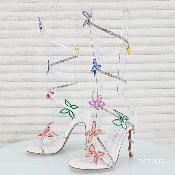 Fly Girl White Upper & Rhinestones Multi Color Butterfly Wrap Strap High Heels - Picture 7 of 10
